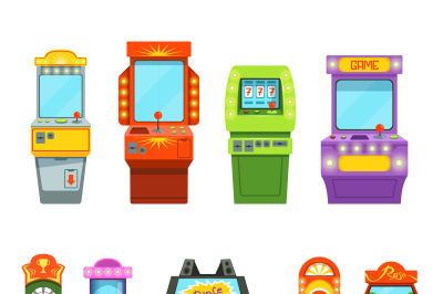 Vector colored illustrations of games machines. Driving simulator and 