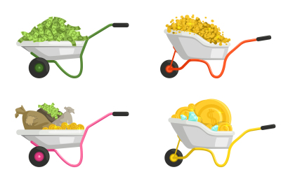 Illustrations of wheelbarrow with money. Vector set