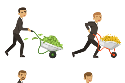 Businessmen driving a wheelbarrow with money