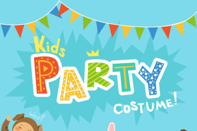 Kids party invitation with illustrations of happy childrens in carniva