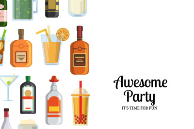 Vector background with alcoholic drinks in glasses and bottles