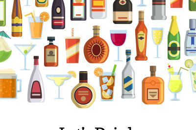 Vector background with alcoholic drinks in glasses and bottles and wit