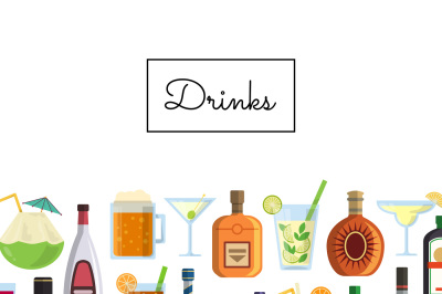 Vector background with alcoholic drinks in glasses and bottles and wit