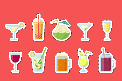 Vector stickers set with alcoholic drinks in glasses and bottles in fl