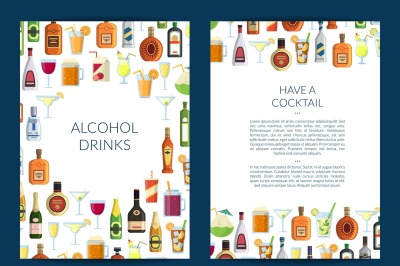 Vector card or brochure template for bar with alcoholic drinks in glas