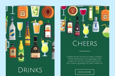 Vector banners illustration with alcoholic drinks in glasses and bottl