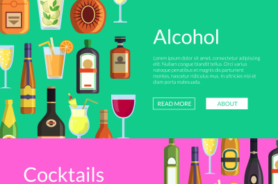 Vector banners illustration with alcoholic drinks in glasses and bottl