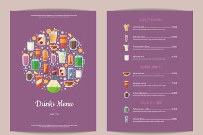 Vector vertical menu template with nonalcoholic drinks in glasses, lik