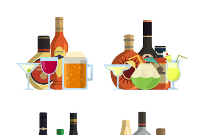 Vector piles of alcoholic drinks in glasses and bottles in flat style 