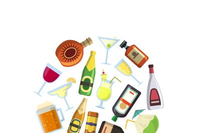 Vector illustration with alcoholic drinks in glasses and bottles in fl