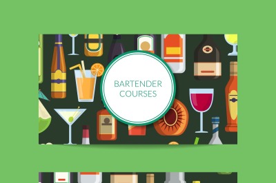 Vector business card template for bar with alcoholic drinks in glasses