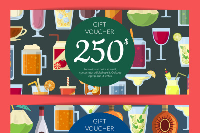 Vector gift voucher or discount card template with alcoholic drinks in