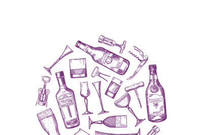 Vector hand drawn alcohol drink bottles and glasses