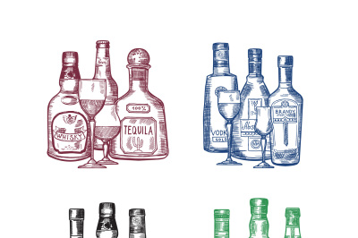 Vector set of hand drawn alcohol drink bottles and glasses piles illus