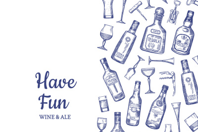 Vector hand drawn alcohol drink bottles and glasses background illustr