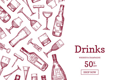 Vector hand drawn alcohol drink bottles and glasses background illustr