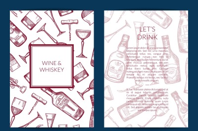 Vector hand drawn alcohol drink bottles and glasses card