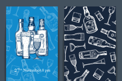 Vector hand drawn alcohol drink bottles and glasses