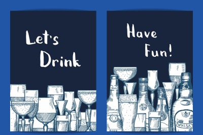 Vector hand drawn alcohol drink bottles and glasses set of card templa