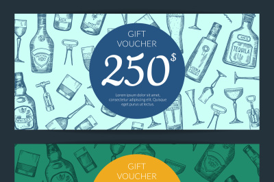 Vector alcohol drink bottles and glasses discount or gift card