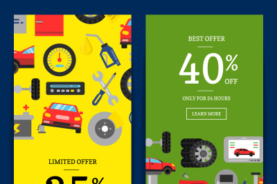 Vector sale web banners illustration with flat style car service eleme