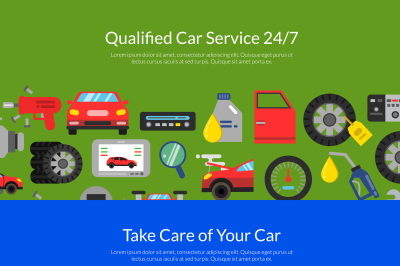 Vector web banners page illustration with flat style car service eleme