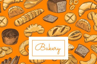 Vector hand drawn colored bakery elements background with place for te