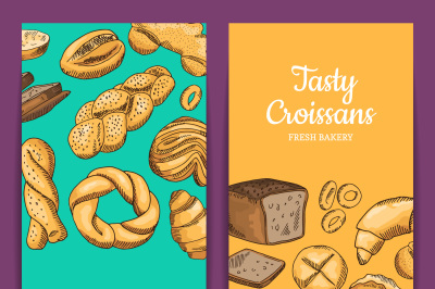 Vector banner or shop flyer templates with hand drawn colored bakery e