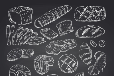 Vector hand drawn contoured bakery elements on black chalkboard