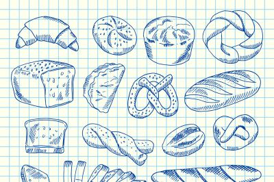 Vector hand drawn contoured bakery elements