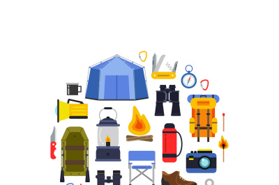 Vector flat style camping elements gathered in circle illustration