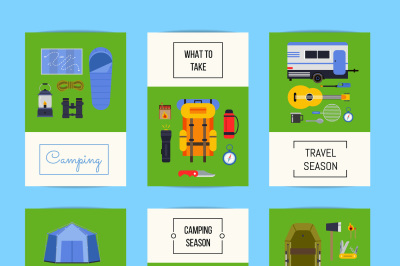 Vector set of cards with flat style camping elements