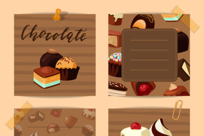 Vector set of cute notes with cartoon chocolate candies