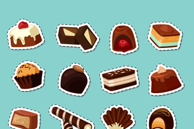 Vector cartoon chocolate candies stickers set