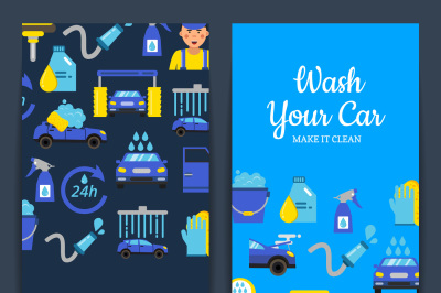 Vector card or flyer illustration with car wash flat icons