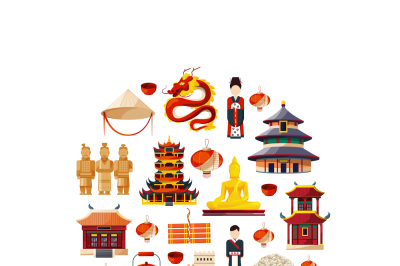 Vector flat style china elements and sights gathered in circle illustr