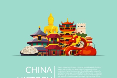 Vector pile of flat style china elements and sights hidden in horizont