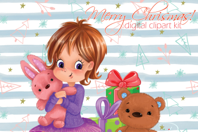 Cute girl with gifts and teddy bear Christmas clipart kit
