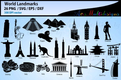 World Lankmarks silhouette svg / world landmark vector cut files, Eps