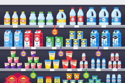 Shop shelf with milk products. Dairy grocery store shelves, milk bottl