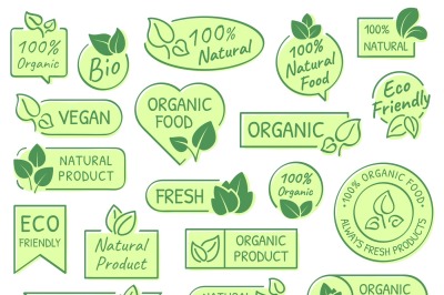 Green leaves labels. Eco, healthy and natural products. Certified qual