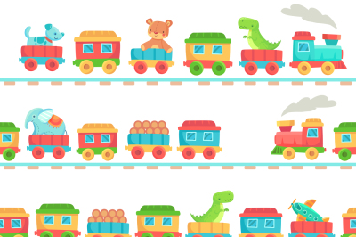 Kids toy train pattern. Children railroad toys, baby trains transport 