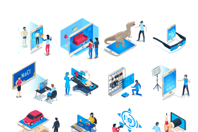 Isometric virtual reality simulations icons. Computer simulation helme