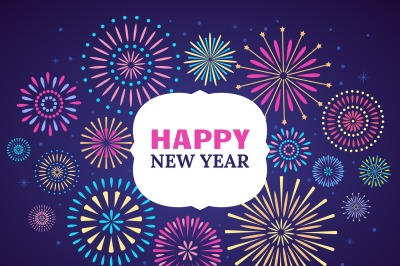 Happy New Year firework poster. Celebration 2019 fireworks. Vector ill