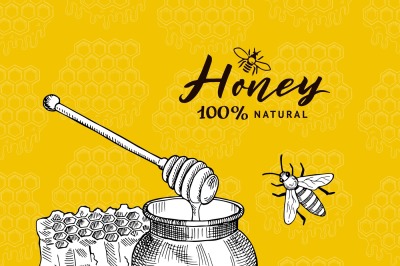 Vector background with sketched contoured honey theme elements on hone