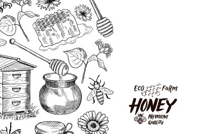 Vector background with sketched honey elements with place for text