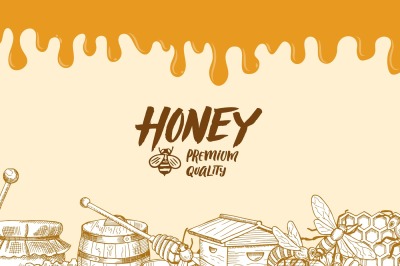 Vector background with sketched honey elements, dripping honey