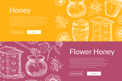 Vector web banners illustration with hand drawn honey elements