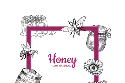 Vector frame with hand drawn honey elements