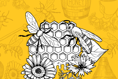 Vector background with sketched contoured honey theme elements and pla